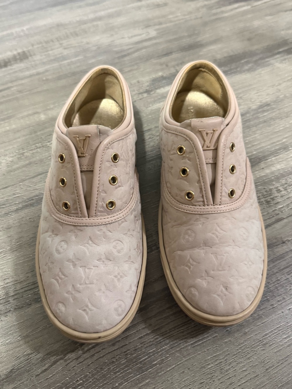 Louis Vuitton 0122 Kids Vintage Pink Leather Monogram Slip-On Sneakers
